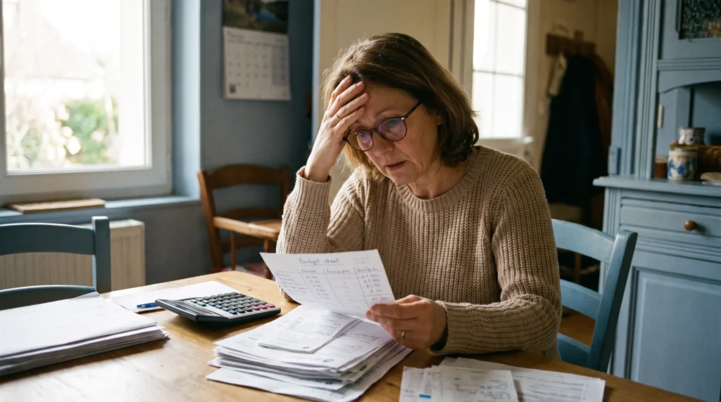 Femme 55 ans avec ses factures et un budget papier face à une baisse de revenus