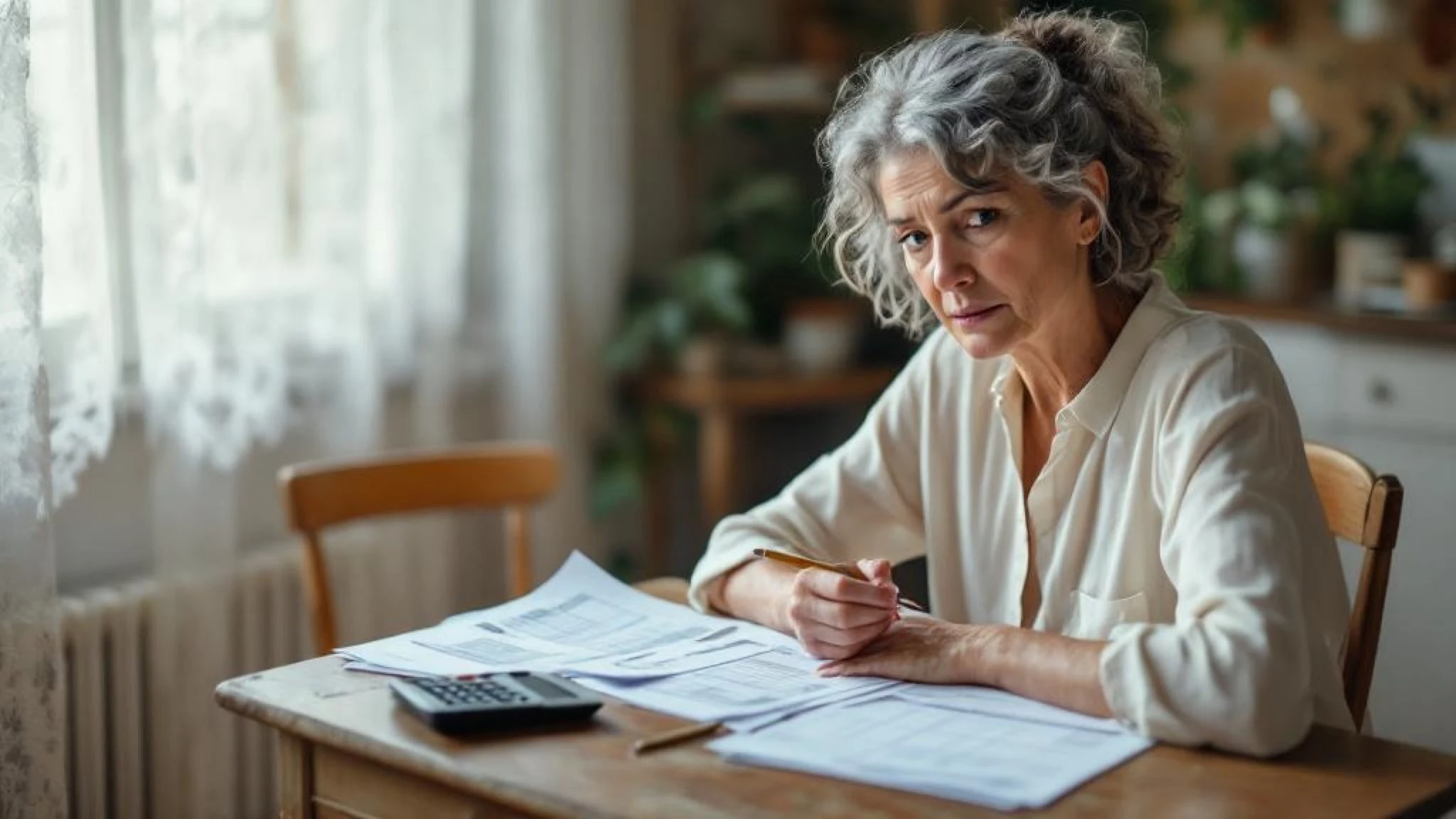 Femme 55 ans avec ses factures et un budget papier face à une baisse de revenus