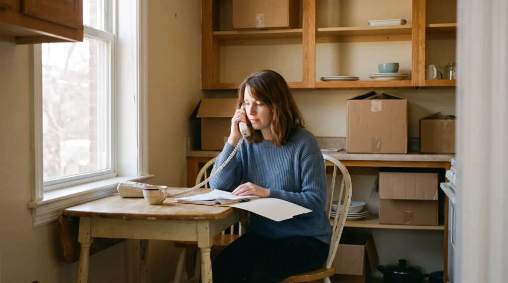 Divorce et rachat de crédit : femme 40 ans appelant calmement sa banque pour une désolidarisation après divorce