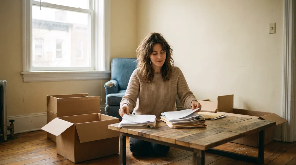 Femme 42 ans dans son nouvel appartement classant les relevés de comptes joints après un divorce