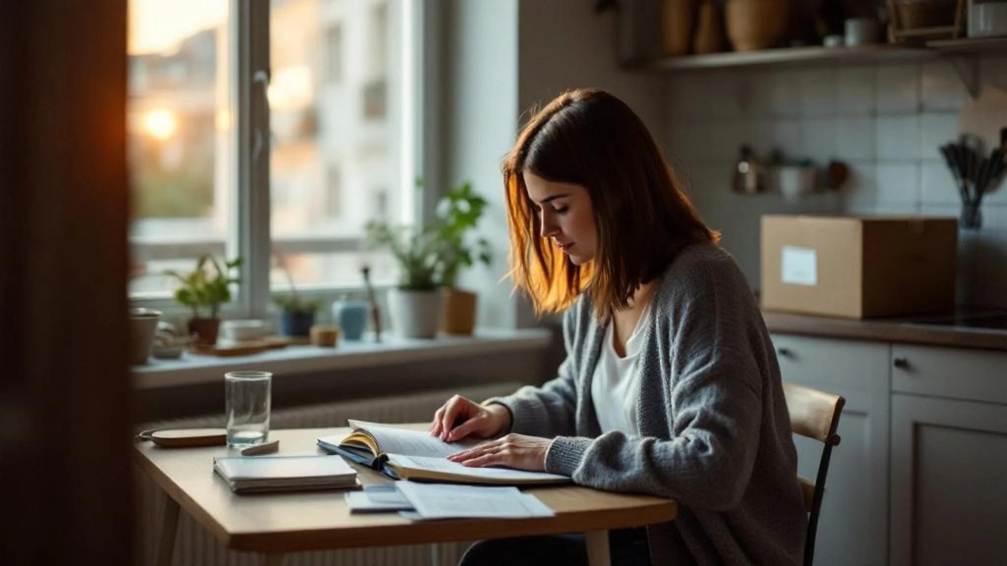 Femme 42 ans dans son nouvel appartement classant les relevés de comptes joints après un divorce