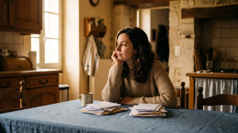Femme réfléchissant à un rachat de crédits devant deux piles de courriers dans sa cuisine