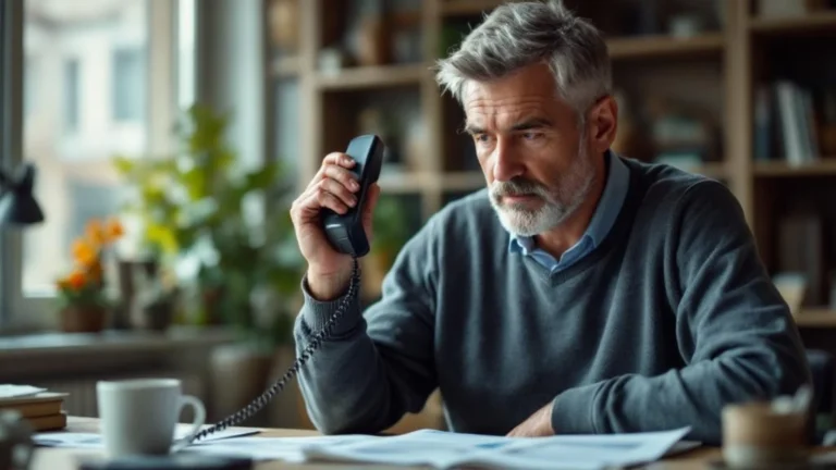 Homme 46 ans à son bureau négociant son rachat de crédits conso au téléphone