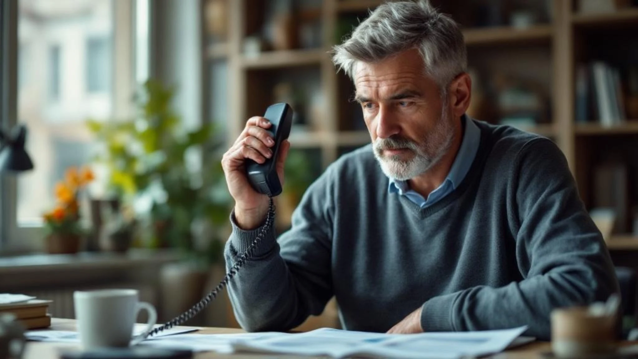 Homme 46 ans à son bureau négociant son rachat de crédits conso au téléphone