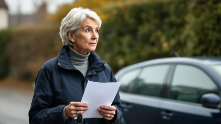 Femme 52 ans devant sa voiture tenant un document de prêt avant un rachat de crédits