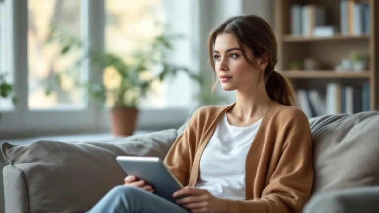 Femme 42 ans assise sur son canapé avec une tablette pour comparer rachat et renégociation conso