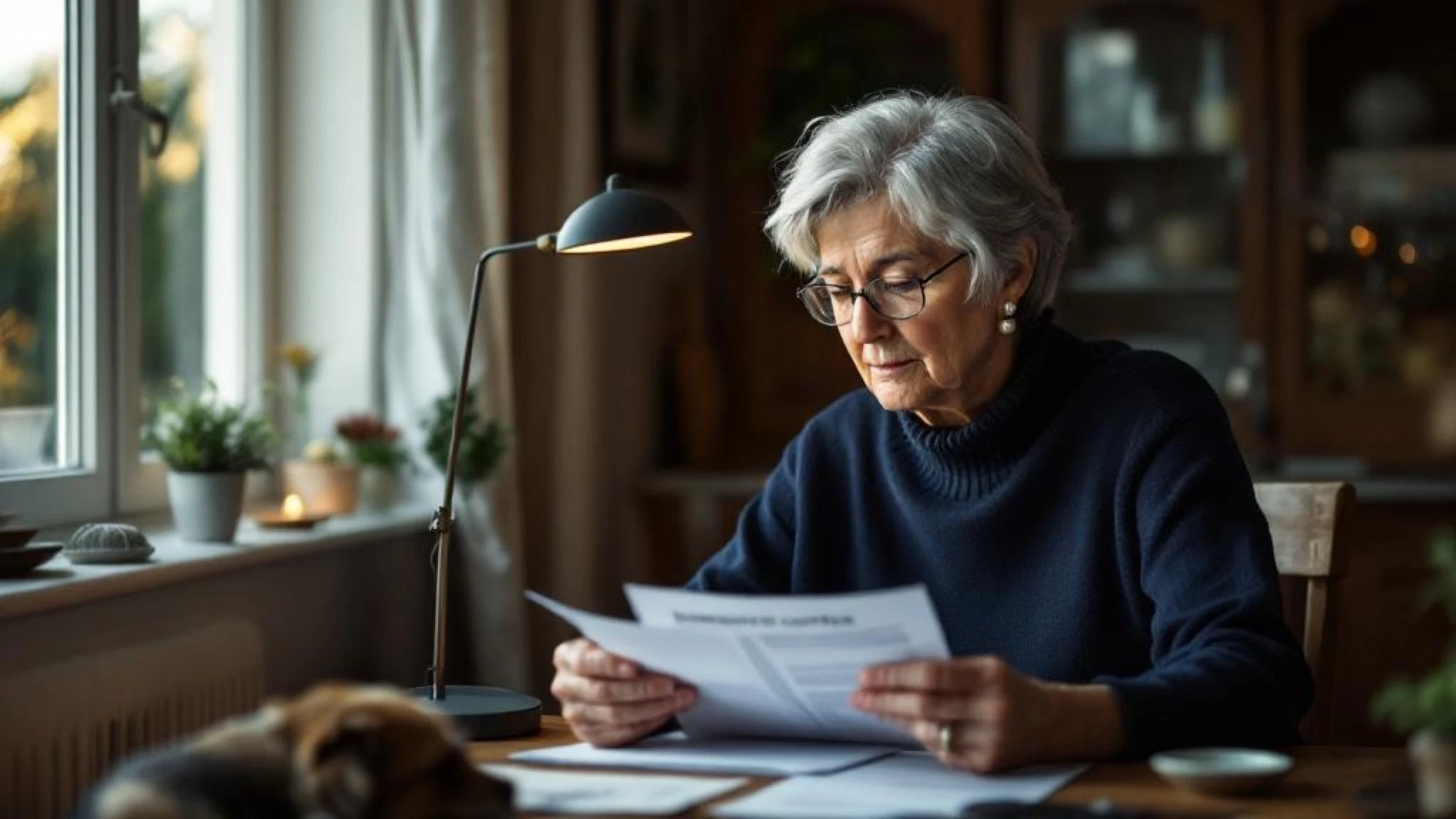 Femme 62 ans avec lunettes lisant attentivement son contrat d'assurance emprunteur