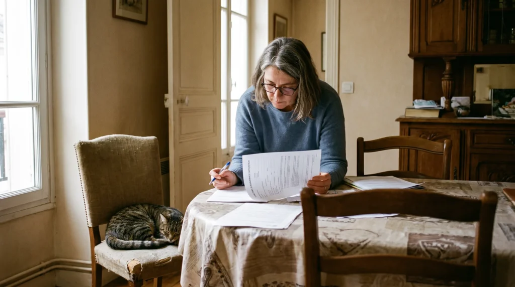 Négocier son rachat de crédit : femme 62 ans avec lunettes lisant attentivement son contrat d'assurance emprunteur