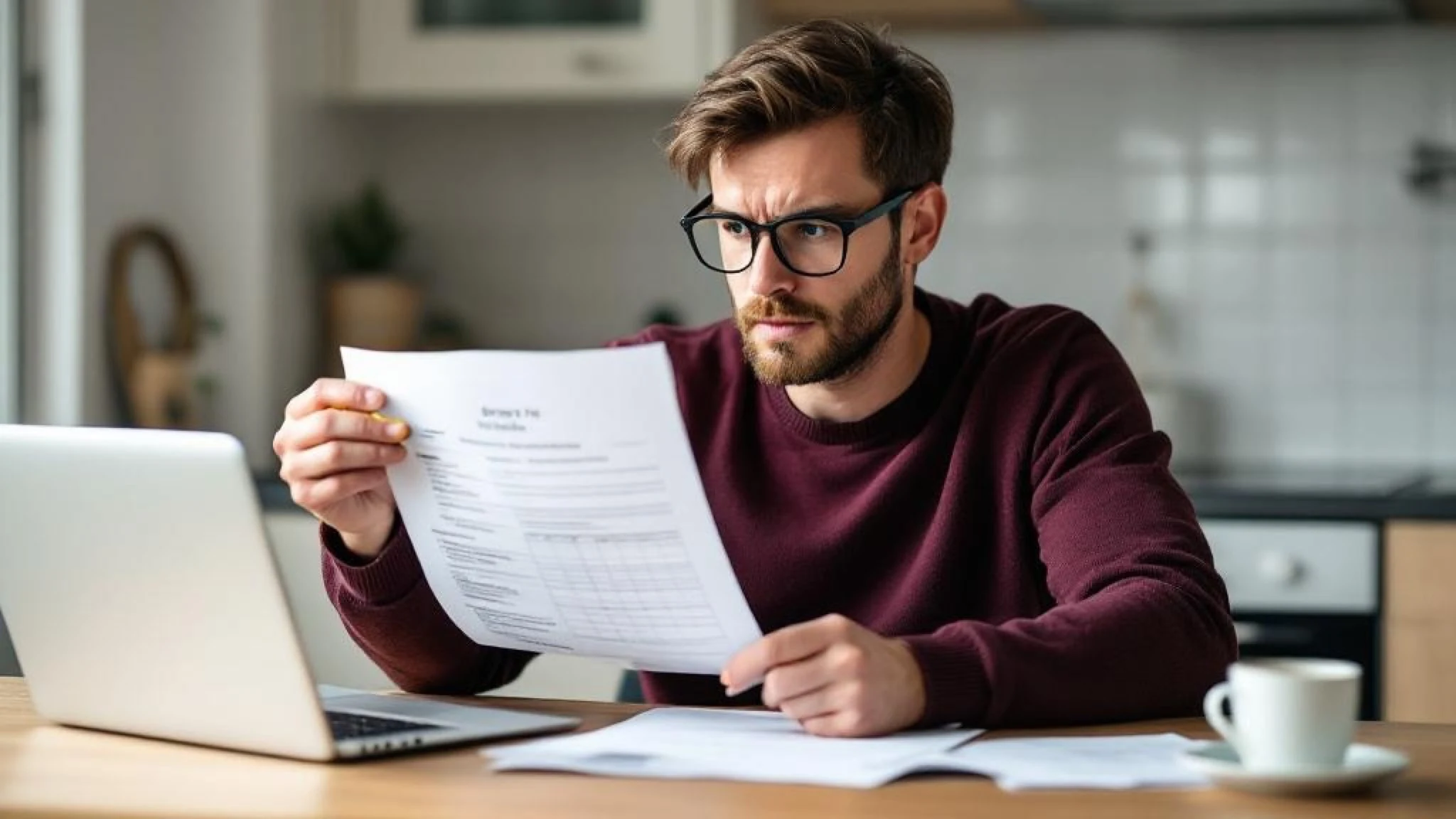 Homme 34 ans avec lunettes étudiant attentivement les frais de courtage d'un rachat conso