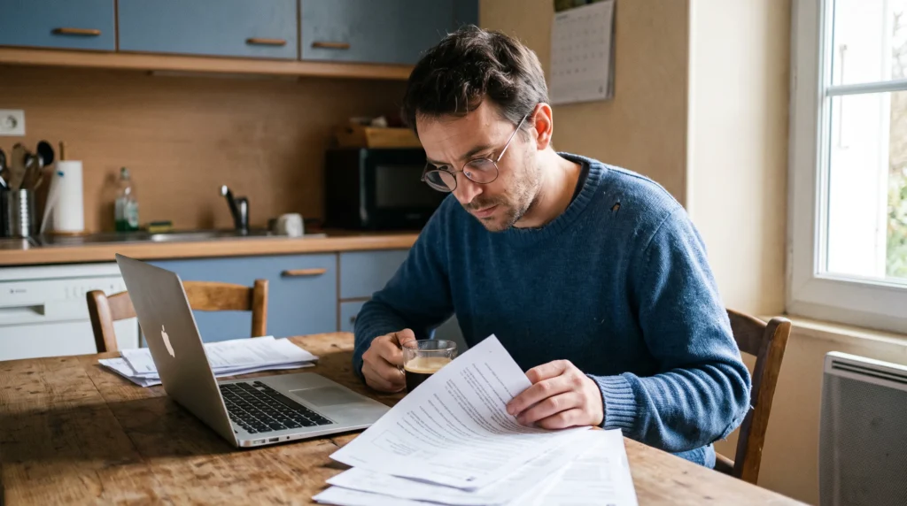 Homme 34 ans avec lunettes étudiant attentivement les frais de courtage d'un rachat de crédits à la consommation