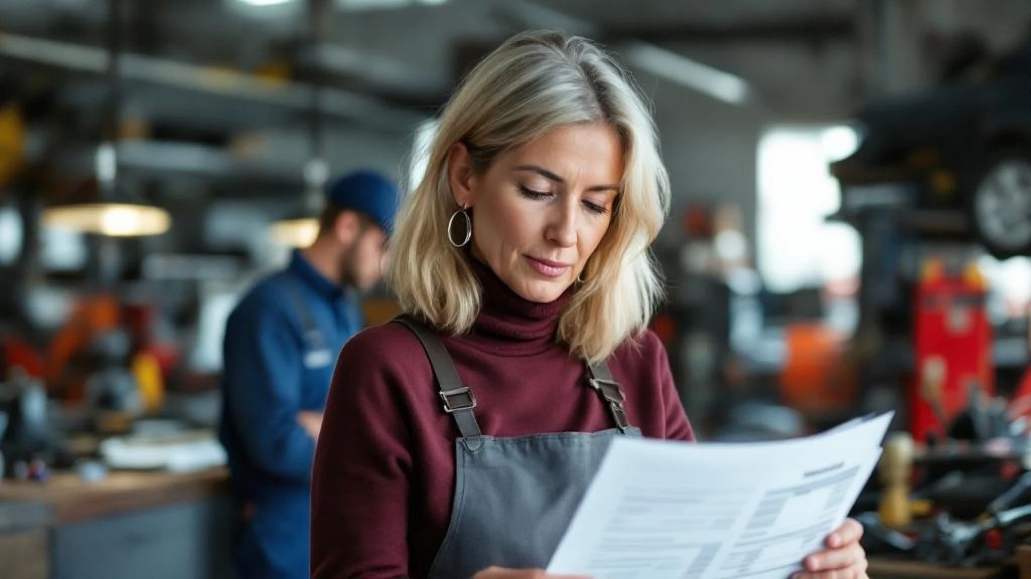 Femme 48 ans contrôlant l'historique d'entretien de sa voiture chez le garagiste