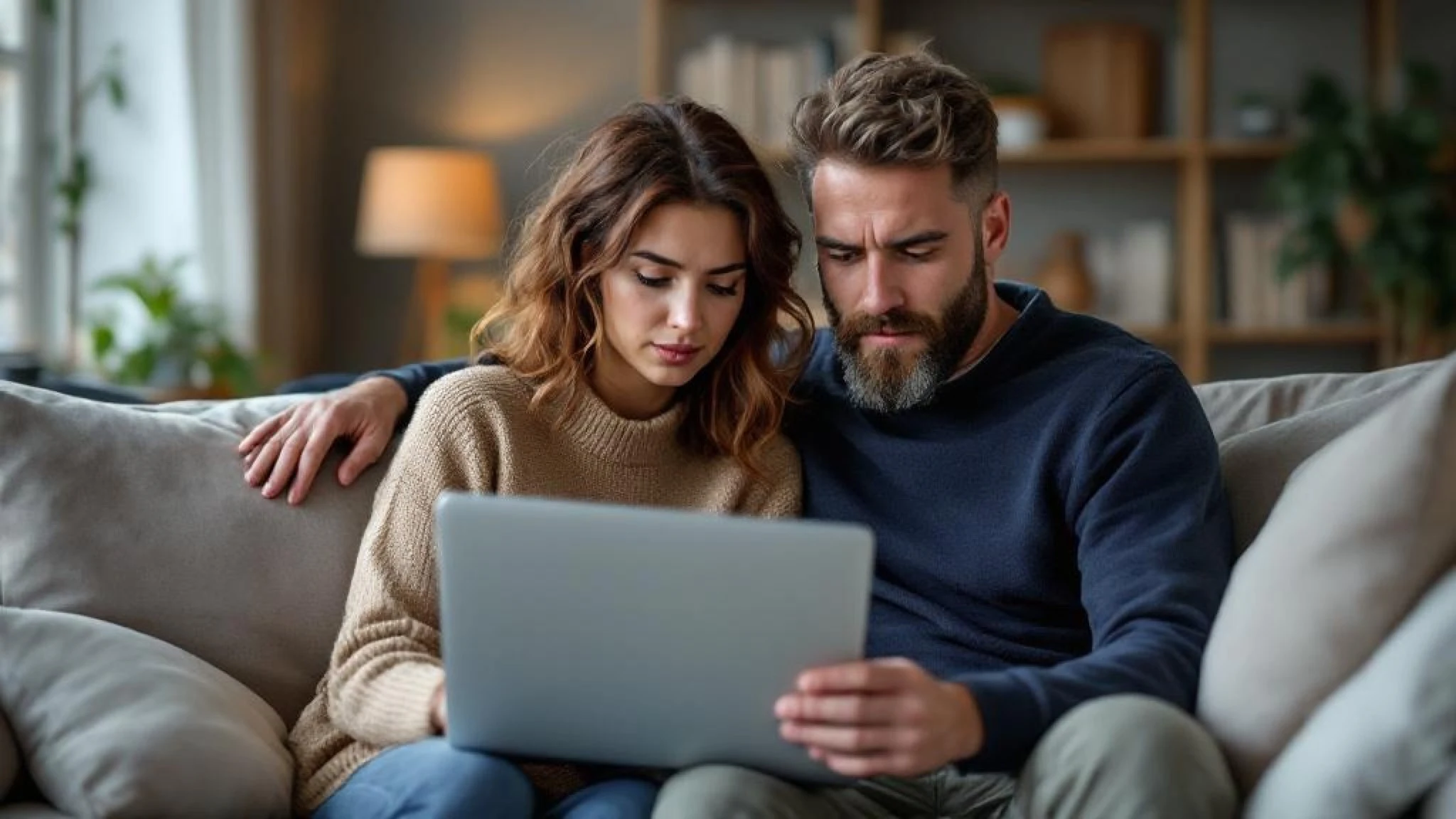 Couple début 40 ans planifiant un rachat conso préventif sur leur canapé avec un laptop