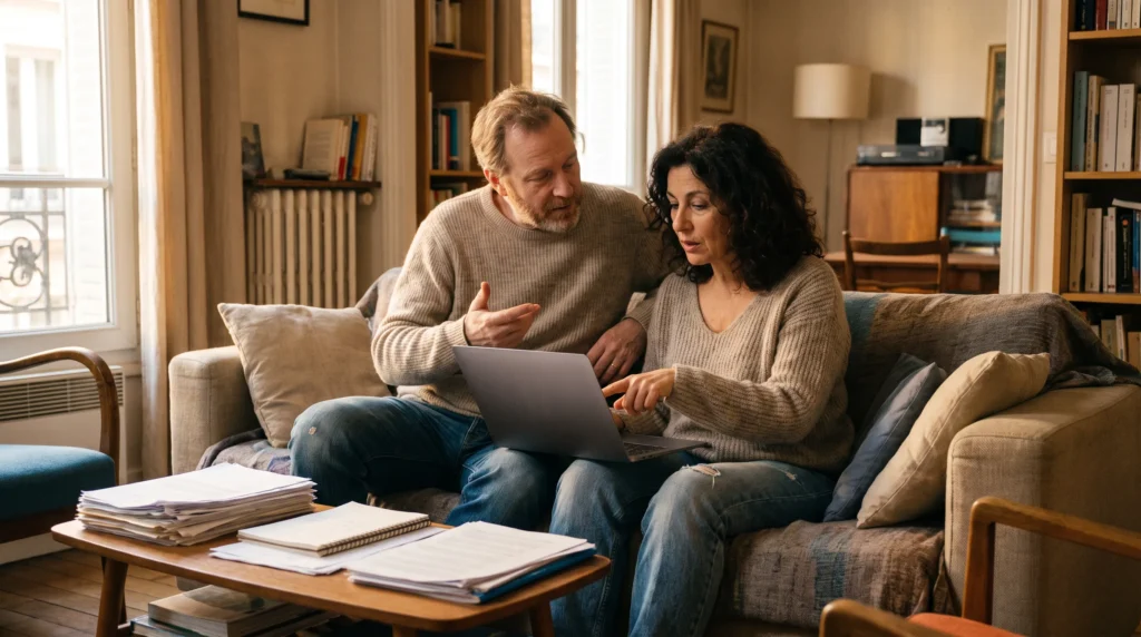Couple début 40 ans planifiant un rachat de crédits à la consommation préventif sur leur canapé avec un laptop