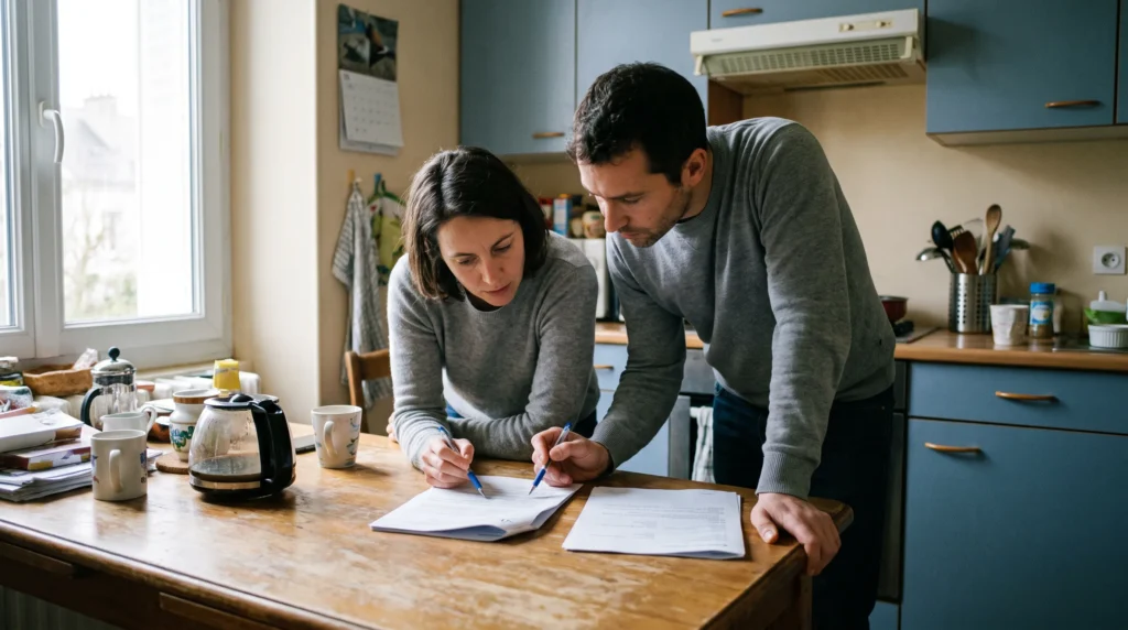 Couple 38-40 ans comparant deux contrats de prêt auto et à la consommation à leur table de cuisine