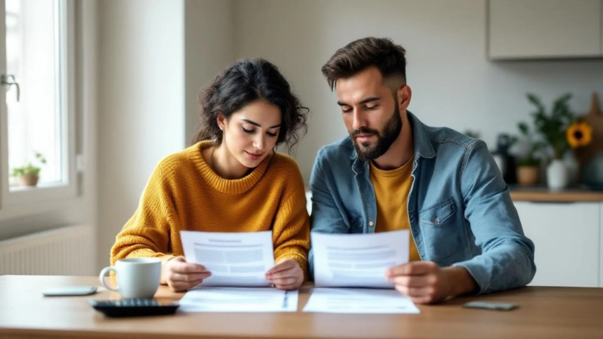 Couple 38-40 ans comparant deux contrats de prêt auto et conso à leur table de cuisine