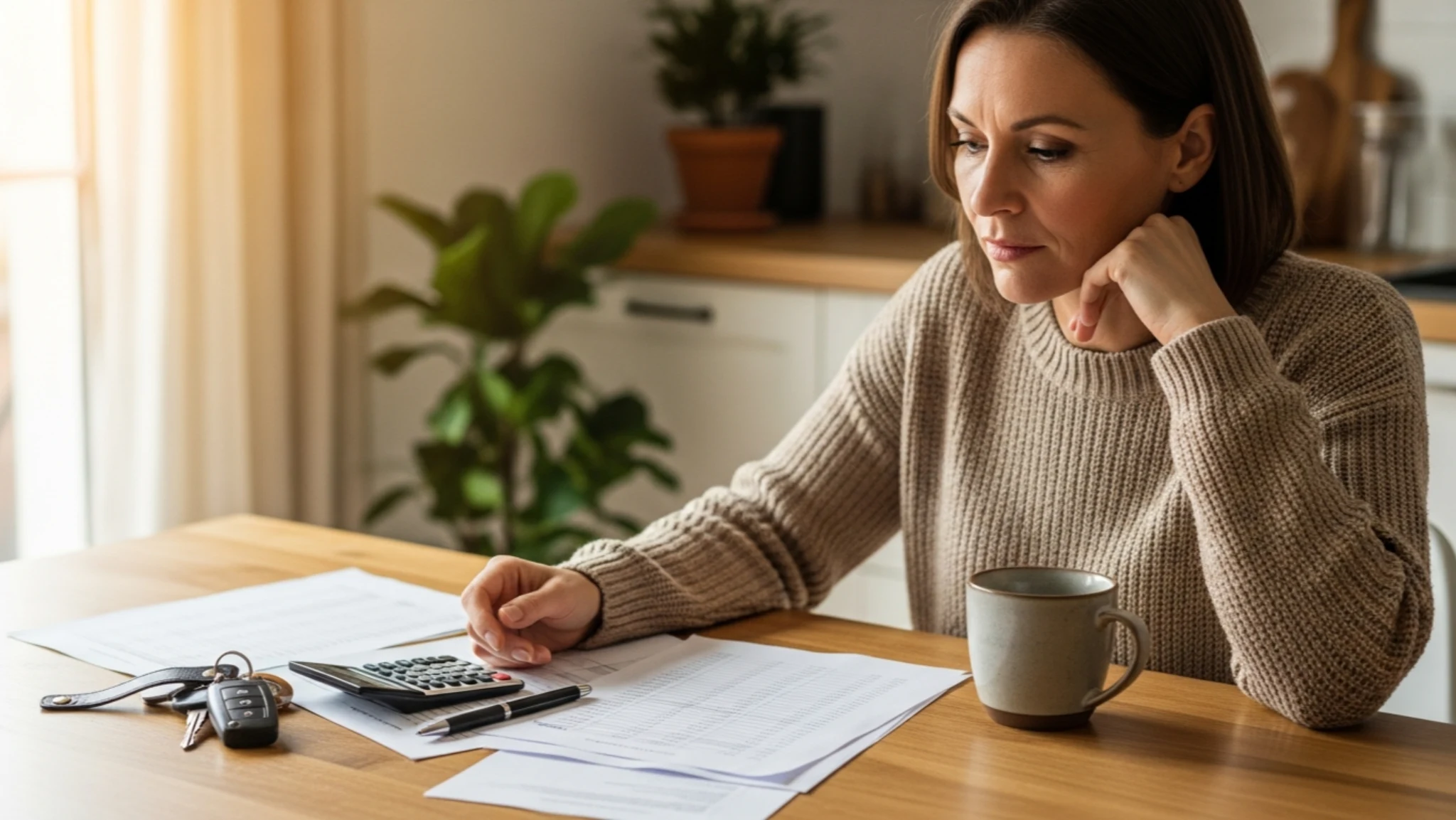 Clés de voiture et papiers de crédit consommation sur la table, bilan avant rachat