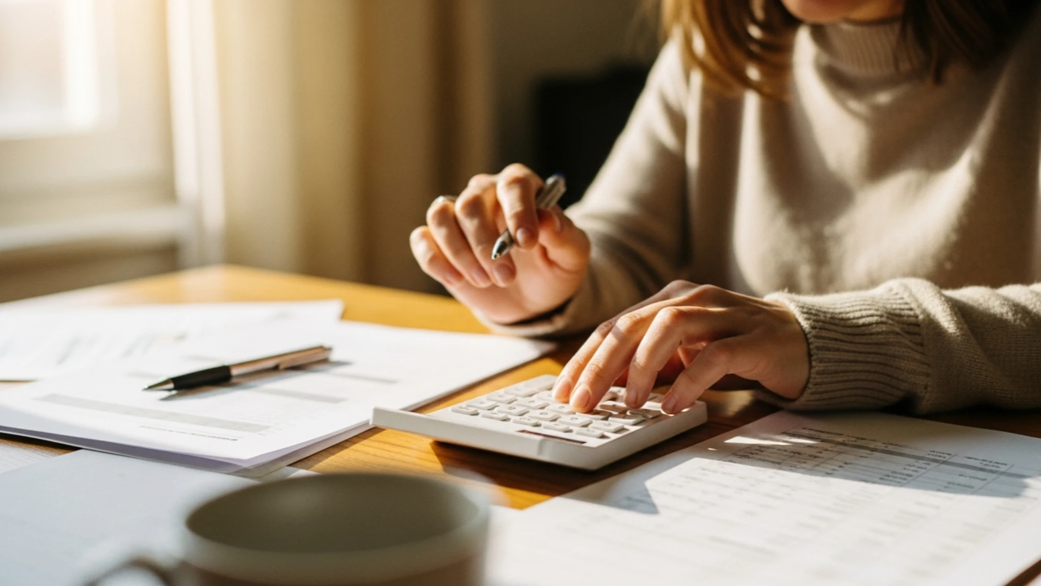 Mains d'une femme utilisant une calculette pour estimer le coût d'un rachat de crédits conso