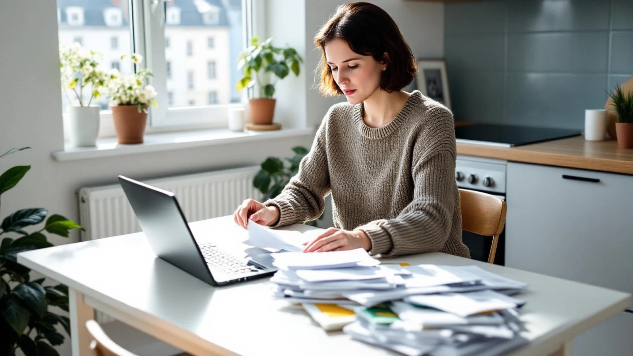 Femme calculant le coût total d un rachat de crédits à la consommation à partir de ses relevés