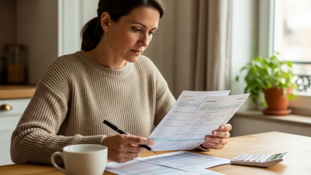 Femme 45 ans examinant ses relevés bancaires et crédits conso avec calculatrice, avant rachat de crédits