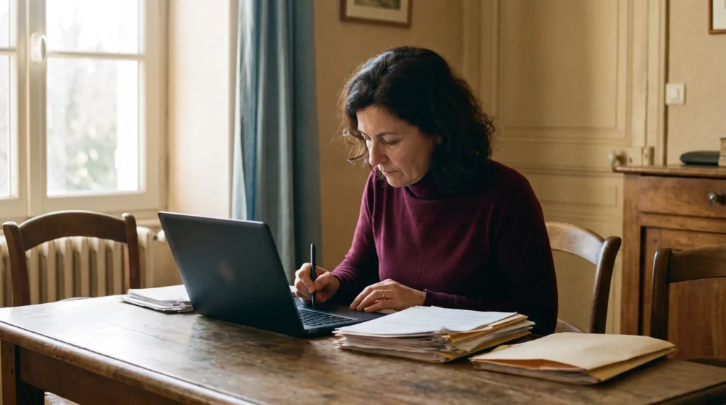 Femme 45 ans en col roulé bordeaux signant électroniquement son rachat de crédits à la consommation