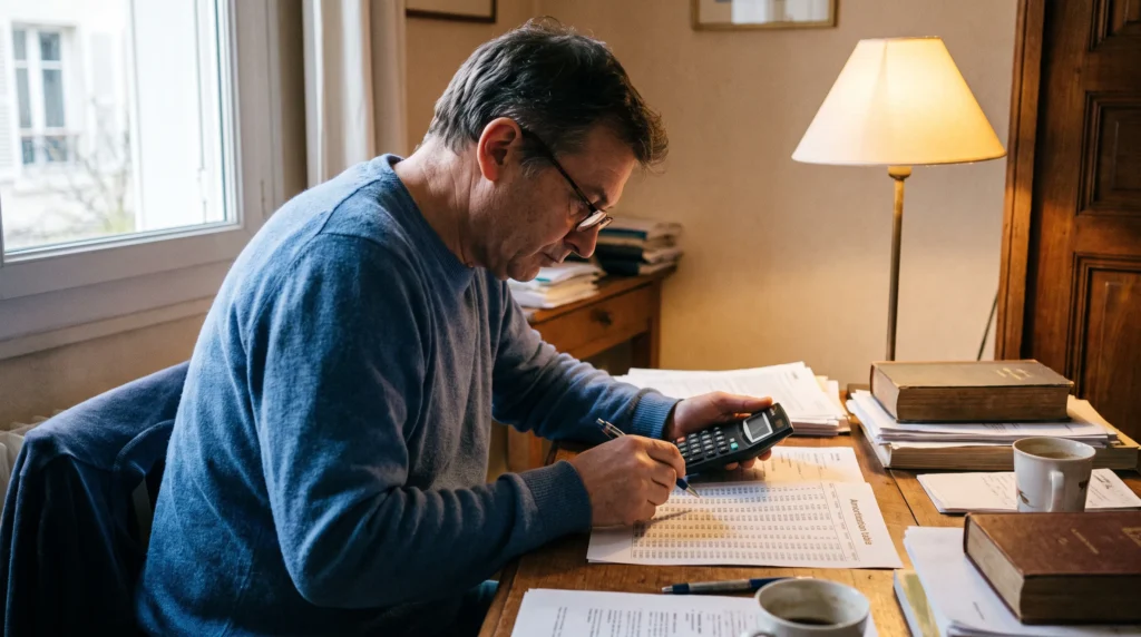 Homme 47 ans calculant les mensualités d'un rachat de crédits individuel après son divorce