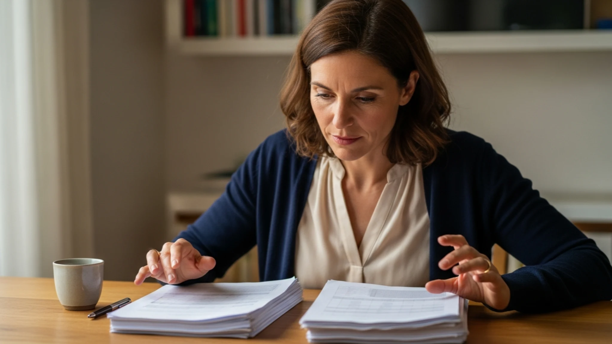 Femme comparant deux piles de contrats d'assurance emprunteur pour choisir la délégation