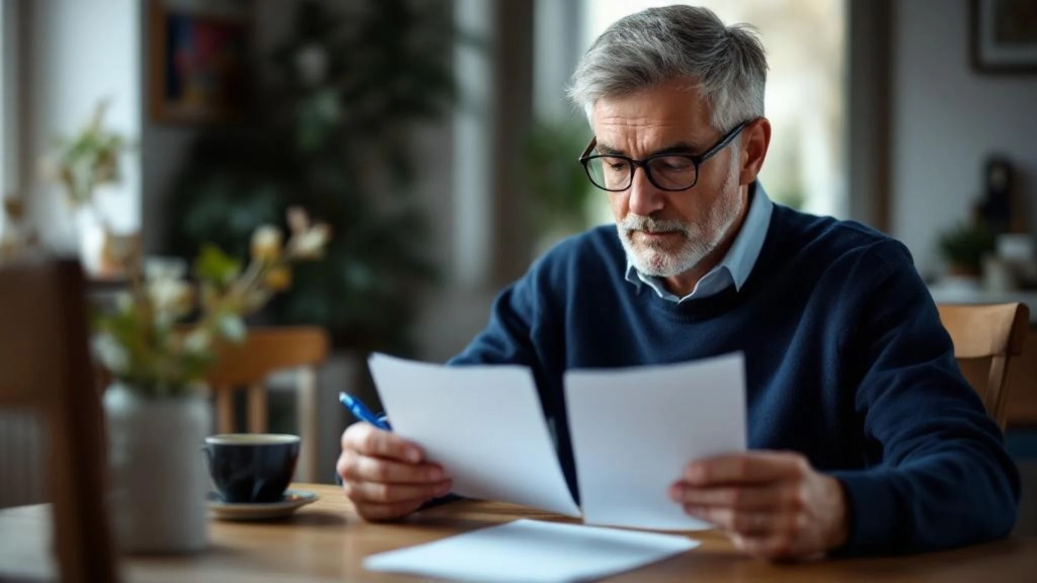Homme 50 ans avec lunettes comparant deux offres de crédit conso à sa table à manger