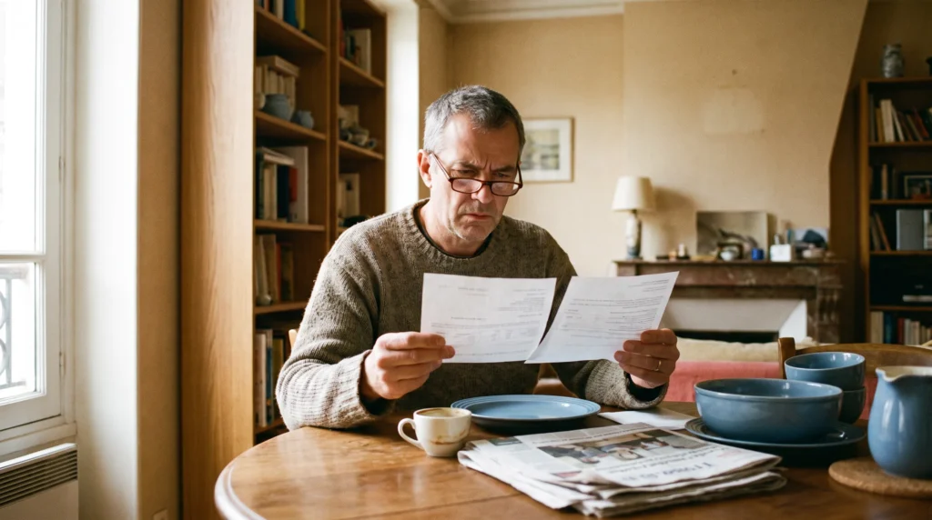Rachat ou renégociation : homme 50 ans avec lunettes comparant deux offres de crédit à la consommation à sa table à manger