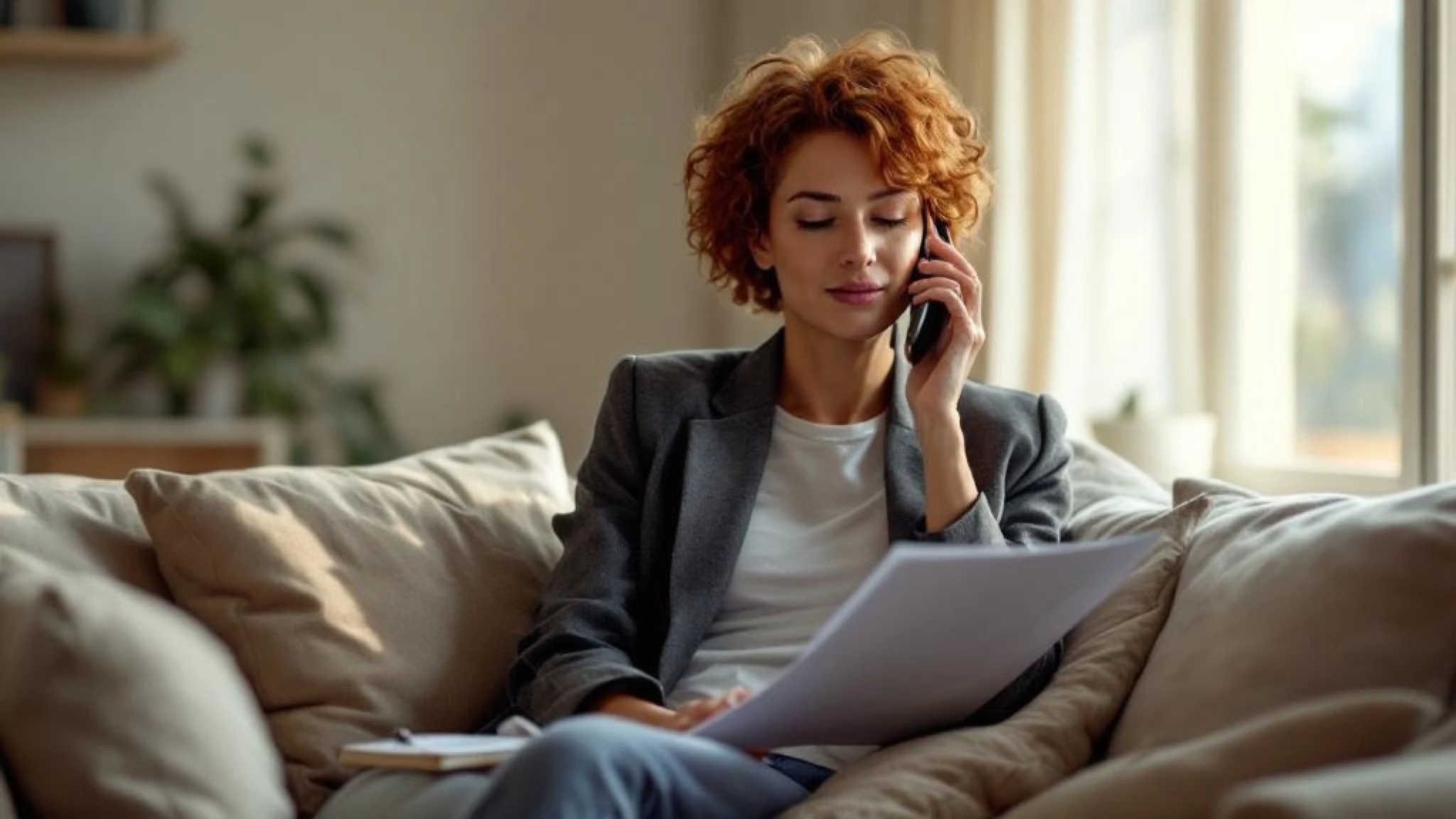 Femme 38 ans en blazer au téléphone avec sa banque pour renégocier un crédit conso