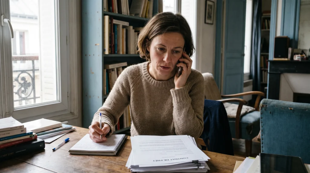 Femme 38 ans en blazer au téléphone avec sa banque pour renégocier un crédit à la consommation