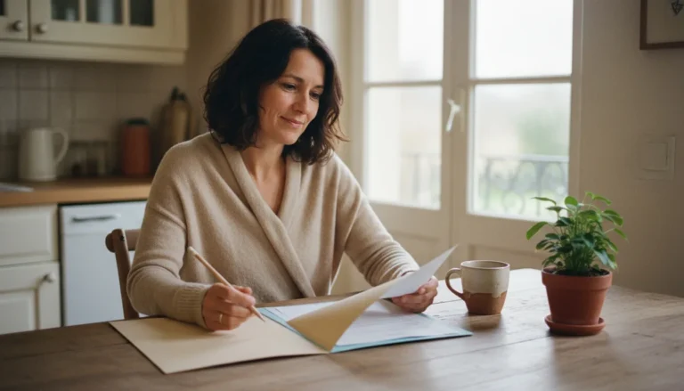 Femme française d’une quarantaine d’années comparant deux contrats d’assurance emprunteur à sa table de cuisine