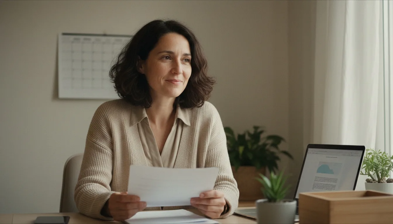 Femme à son bureau lisant un document, loi Lemoine permet de changer d’assurance de prêt à tout moment