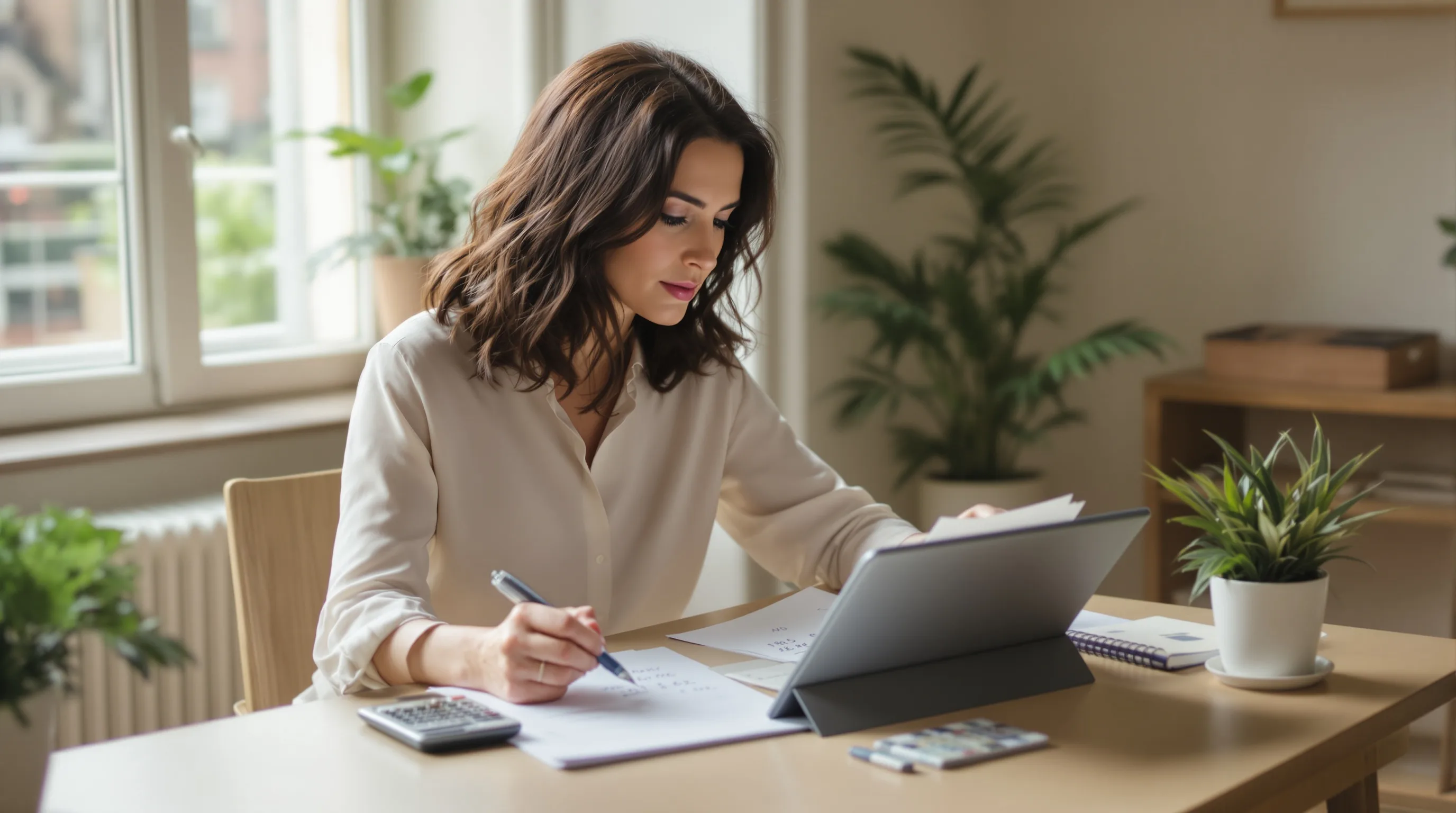Femme comparant deux scénarios de financement de droits de succession sur tablette et calculatrice