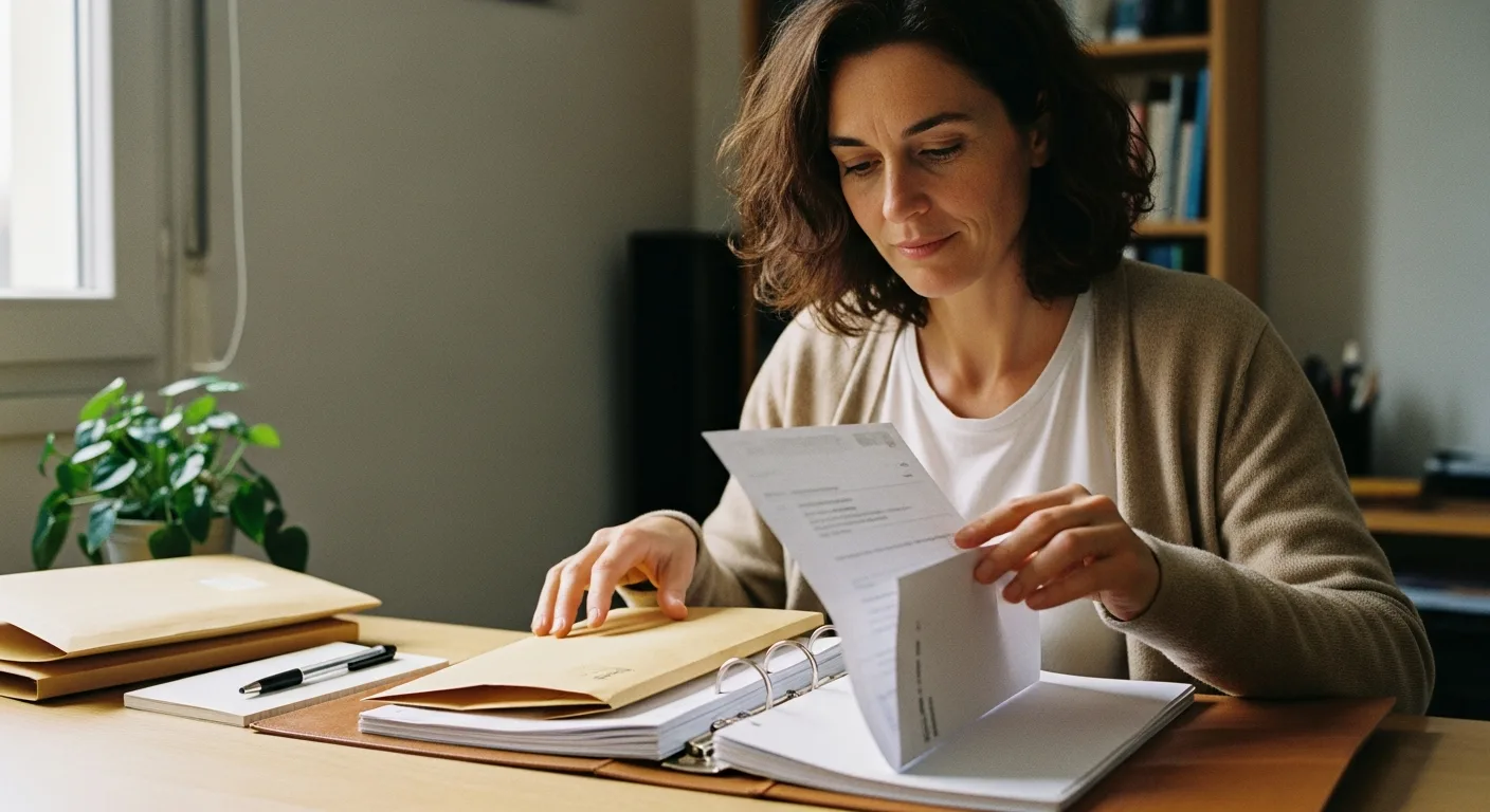 Femme classant ses pièces justificatives pour son dossier de rachat hypothécaire succession