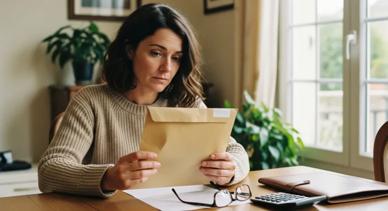 Femme examinant une déclaration de succession et un courrier de notaire à la table en bois clair