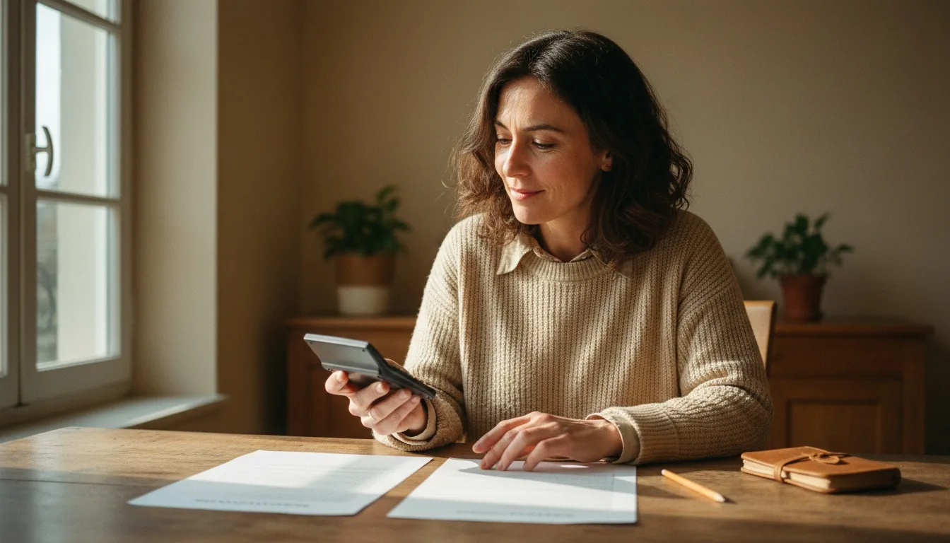 Femme avec calculatrice comparant deux propositions d’assurance de prêt immobilier