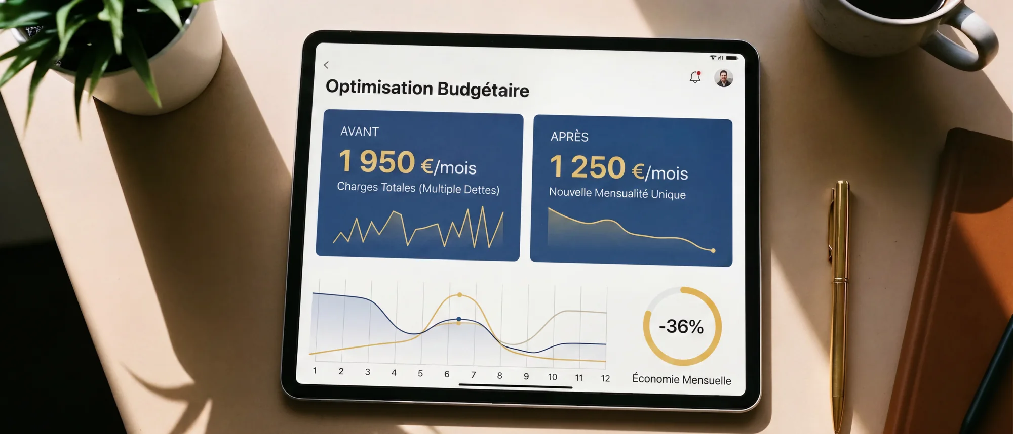 Dashboard optimisation budgétaire C-rédit — charges avant 1 950 €, après 1 250 €, économie 36%