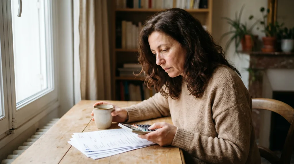Femme comparant ses relevés de crédits avec une calculatrice près d'une fenêtre
