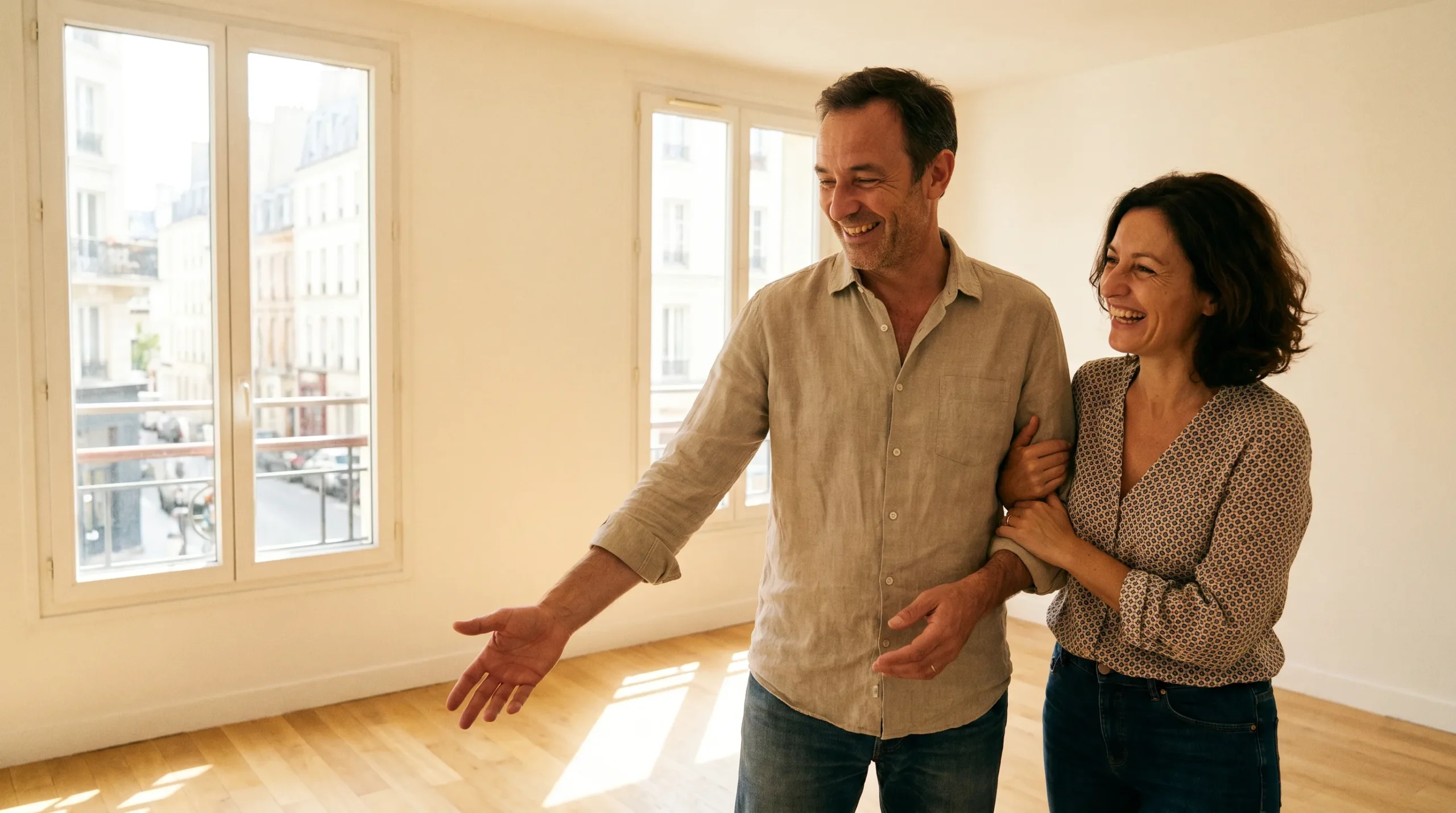 Couple enthousiaste découvrant l'appartement de leur investissement locatif