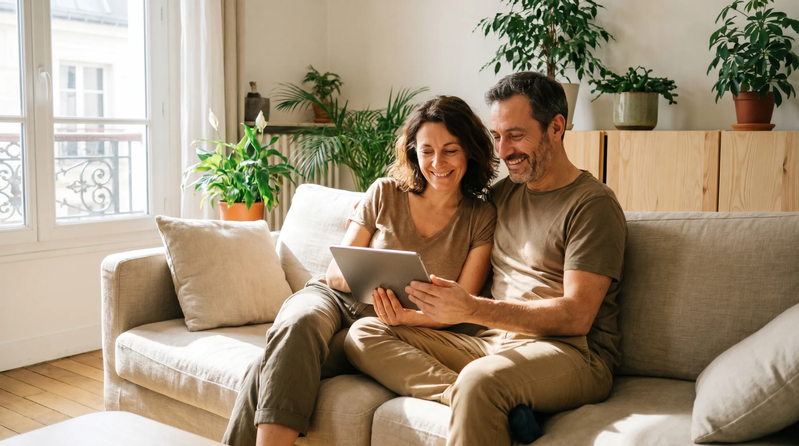 Couple souriant comparant prêt in fine et prêt amortissable pour un investissement locatif