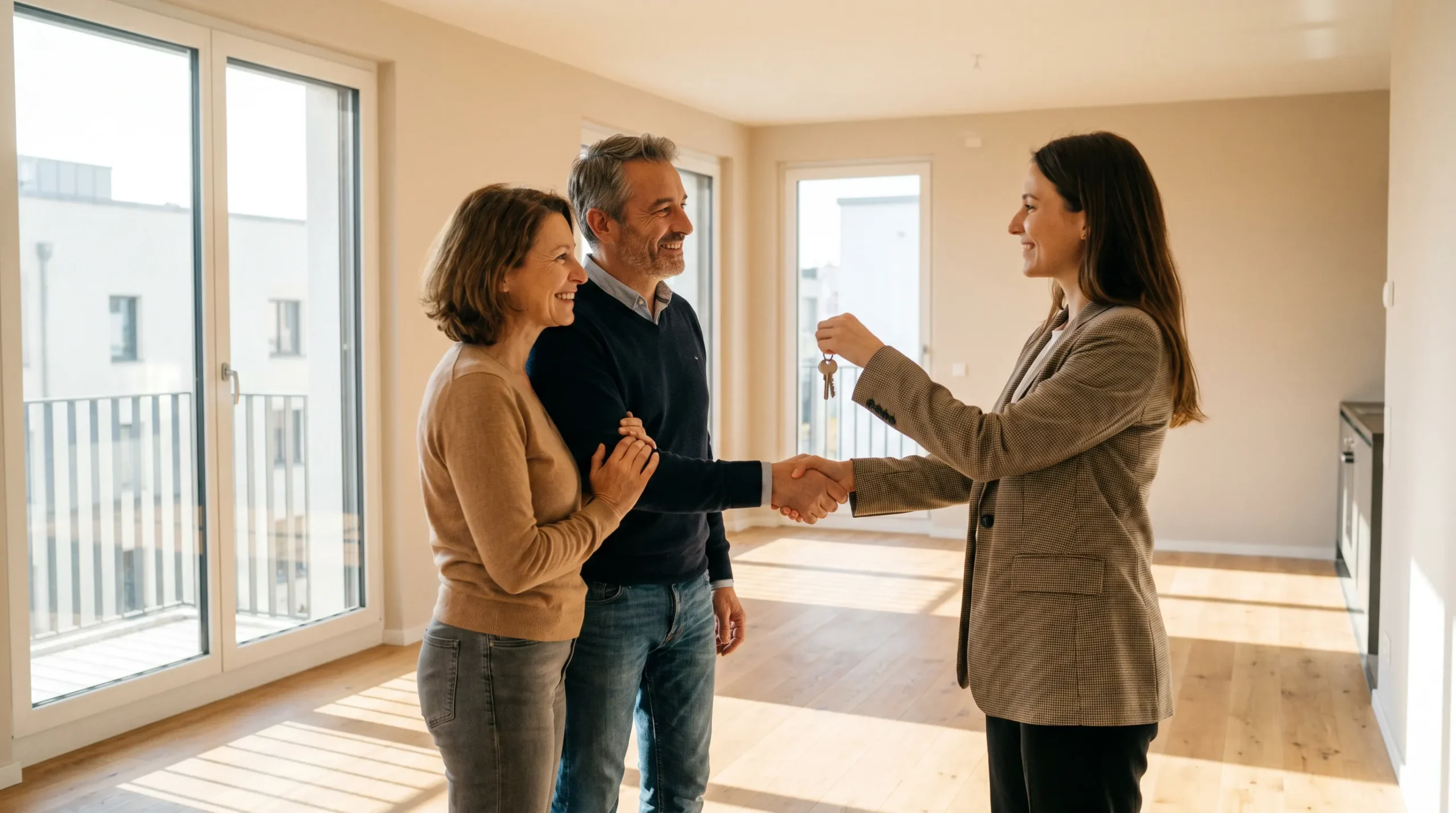 Couple recevant les clés de leur appartement d'investissement locatif