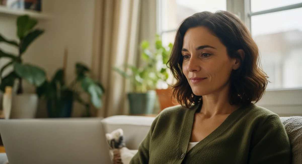 Femme du Grand Est gérant son rachat de crédits en ligne à domicile sur son ordinateur portable