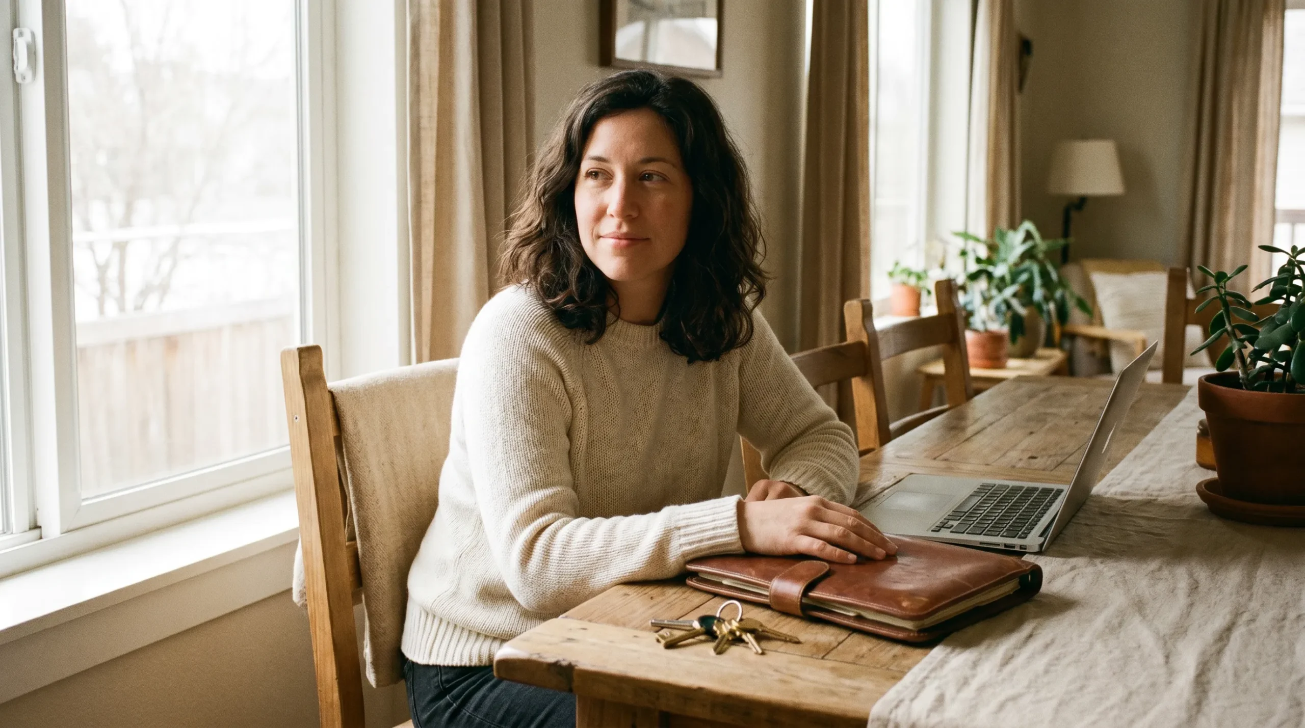 Femme consultant son dossier de rachat de crédit immobilier à domicile