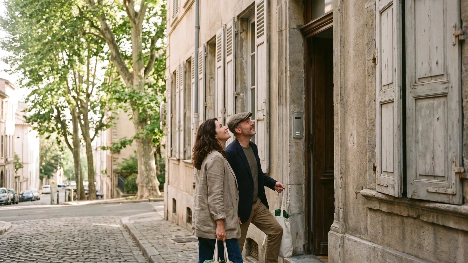 Couple de propriétaires devant leur logement à Lyon, rachat de crédits 100 % en ligne avec C-rédit