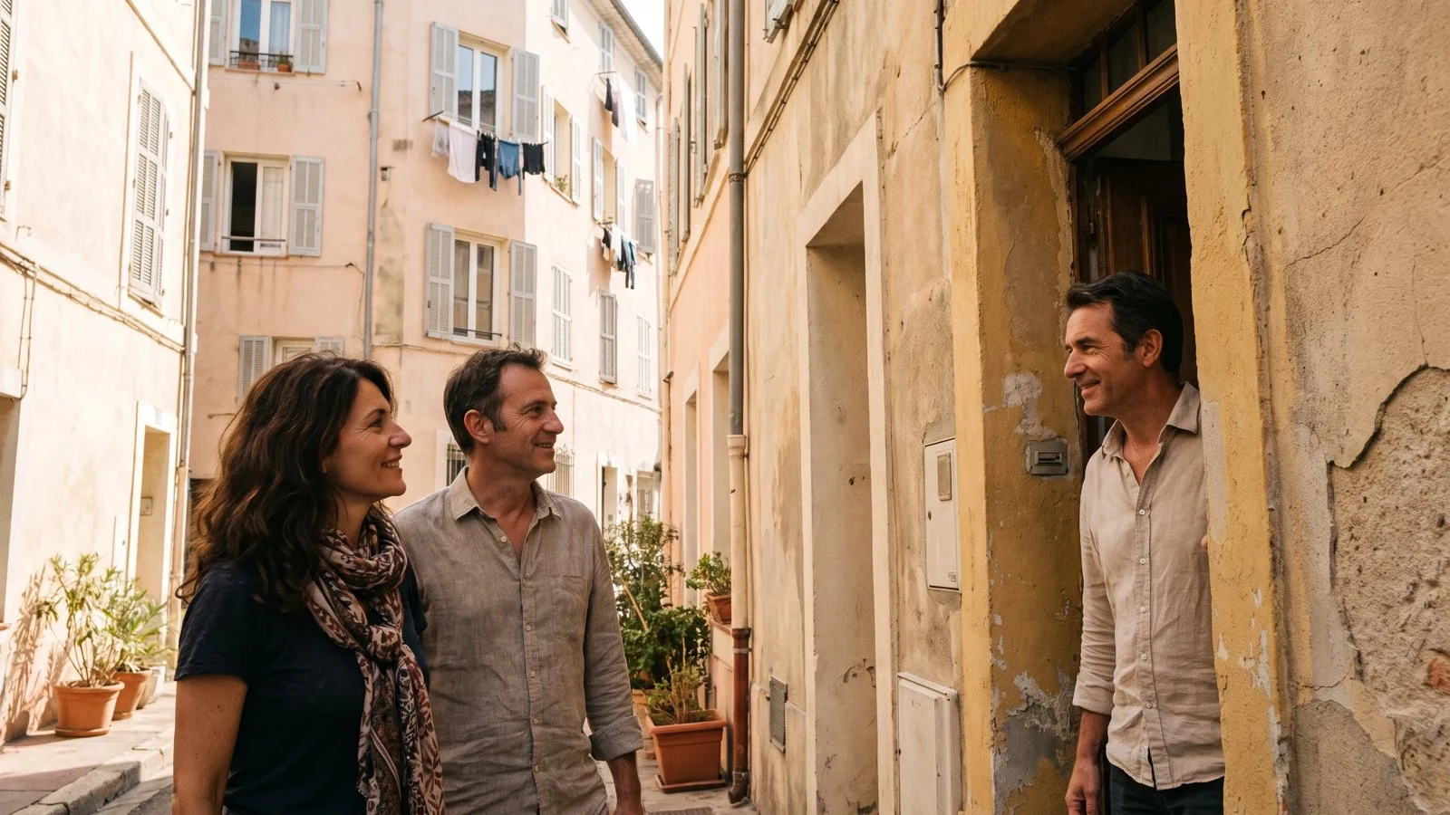 Couple de propriétaires devant leur logement à Marseille, rachat de crédits 100 % en ligne avec C-rédit