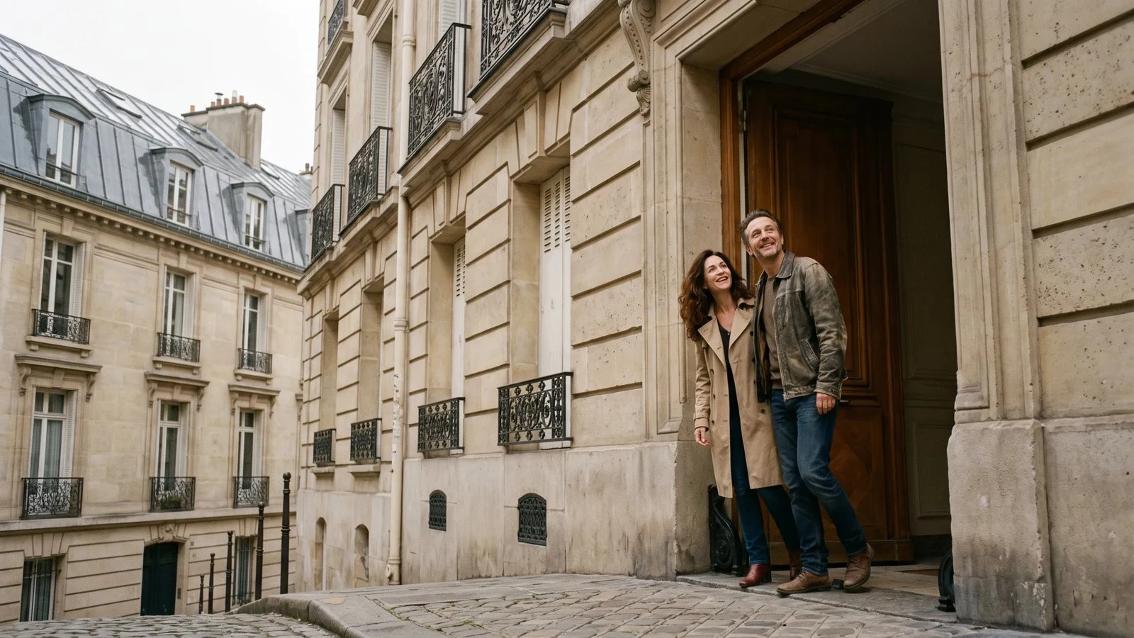 Couple de propriétaires devant leur logement à Paris, rachat de crédits 100 % en ligne avec C-rédit