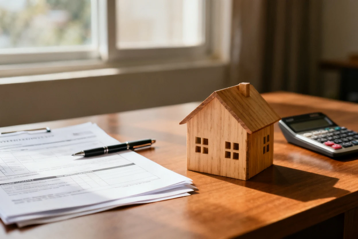 Maison miniature, documents et calculette pour calculer une soulte