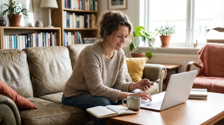 Femme réalisant une simulation de rachat de crédit en ligne sur son ordinateur