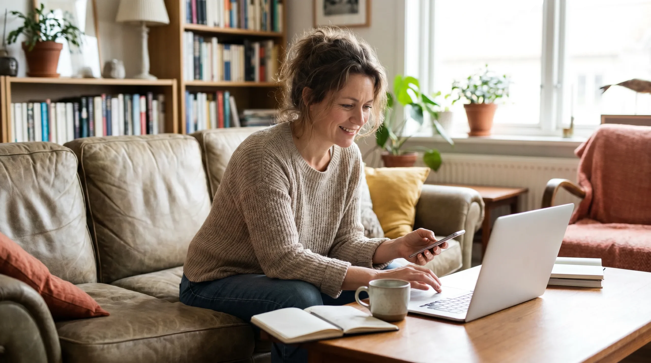 Femme réalisant une simulation de rachat de crédit en ligne sur son ordinateur