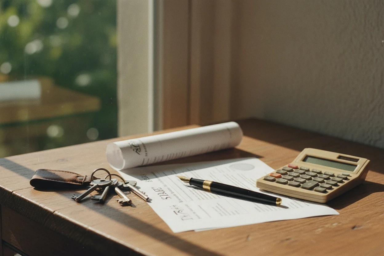 Clés, acte notarié et calculette pour le calcul d'un rachat de soulte